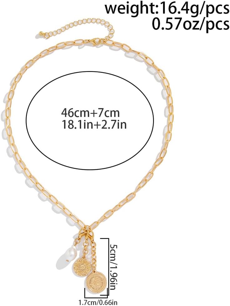 Gold Charm Necklace for Women Vintage Boho Pearl Coin Pendant Necklace Adjustable Sun Moon Paperlicp Chain Necklace Trendy Costume Jewelry Gifts - Image 3