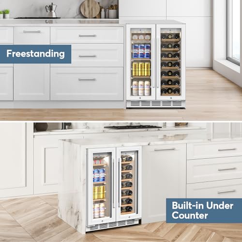 Image of Wine and Beverage Refrigerator, 24 Inch Beverage Cooler Dual Zone with Glass Door, Under Counter Beverage Fridge with Upgraded 65 Cans 18 Bottles Large Capacity, White