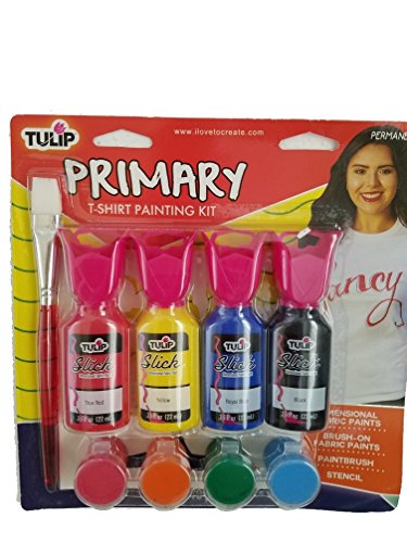 Tulip Primary T- Shirt Painting Kit of 10 pc: Dimensional fabric paints, Brush -On Fabric Paints, Paintbrush and Stencil