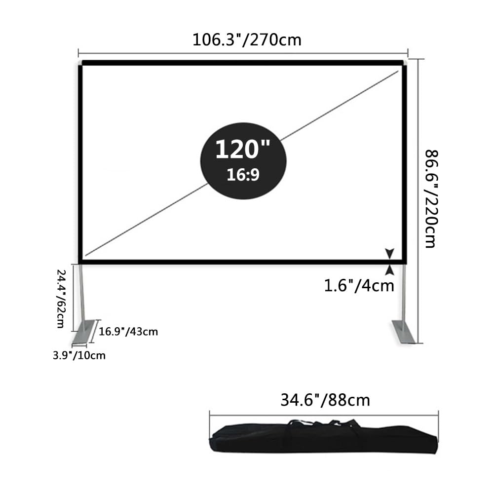 Schermo per Film in Fibra di Vetro da 80" 100" 120" per Esterni con Supporto, Schermo di Proiezione Mobile Ultra HD 16:9 per Home Theater(120"(16:9))