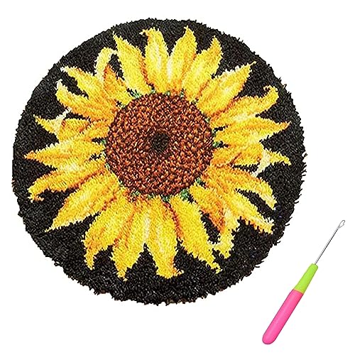 Knüpfteppich Zum Selber knüpfen, Knüpfen Set Erwachsene Knüpfkissen für Kinder und Erwachsene zum Latch Hook Kits DIY Werkzeuge Selber Knüpfen Teppich Knüpfpackung für Home Decor (Sonnenblume,Ø 50cm)