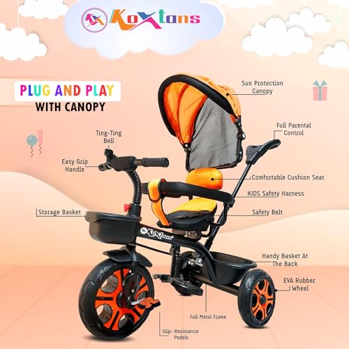 Image of Tricycle for Kids with Canopy and Comfort Seat - The Parents Choice for 1-5 Years Old, 30kg Max, Luxurious & Durable Trike. Advanced Parental Control Handle and Safety Belt, Black