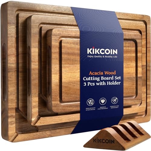 Kikcoin Wood Cutting Boards for Kitchen, 3 PCS Wooden Cutting Boa...