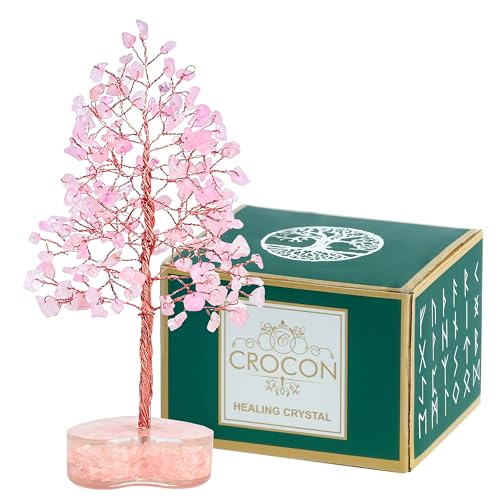 Image of Crocon Rose Quartz Heart Shape Base Crystal Tree, Birthday Gifts for Women | Healing Crystals Tree of Life, Positive Energy, Good Luck, Home Office Decor Gifts, Gift for Women - Sister Mom & Grandma