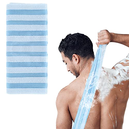 Sibba 1 PC Back Scrubber Cloth Loofah Shower Exfoliating Body Foot Scrub Brush Cleaning Shower Washer Towel Exfoliator Long Handle Hand Wash Massage Bar Soap Foams Up Bath(Blue), 1.0 count