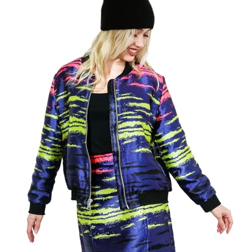 Alchemy & Sorcery Women's Rory Bomber Jacket, Colorful Jacquard Pattern, Purple with Pink and Green, y2k, Neon, 90s Fashion4