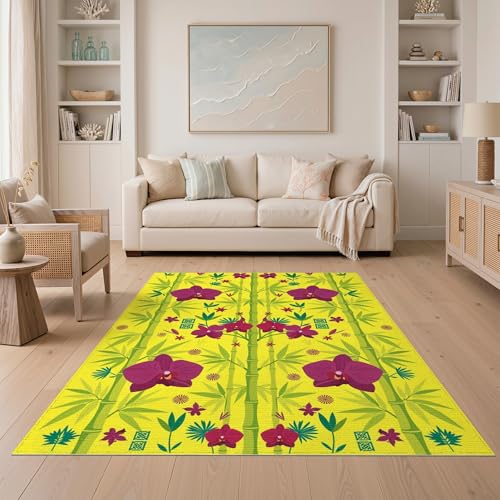 ODIKA 5'x7' Washable Flatwoven Rug, Green Oriental Botanical Stain Resistant Area Rug Non-Slip Low Profile Floor Covering for Guest Room, Lounge, Apartment | Ref:1993009