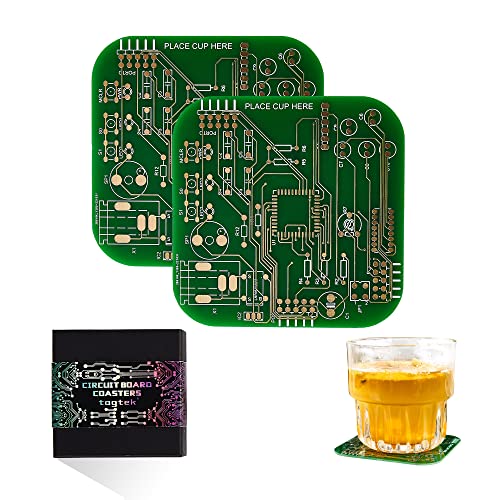 Coasters made from ACTUAL PCB circuit boards with immersion gold traces — functional desk accessories that double as a nerdy conversation piece.