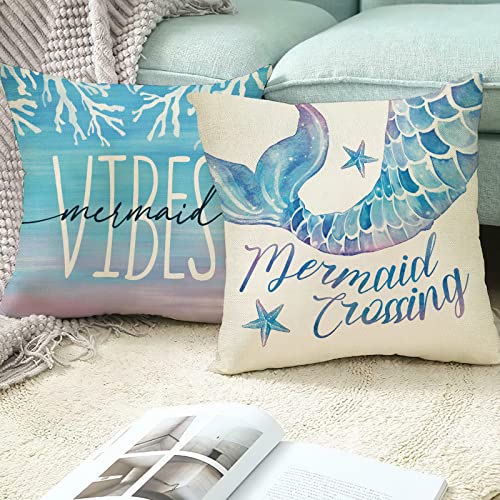 Ussap Mermaid Vibes Ocean Decorative Throw Pillow Covers 18 X 18 Set Of 4, Hello Summer Seas The Day Coral Starfish Cushion Case Decor, Beach Coastal Decoration For Sofa Couch #TOP3