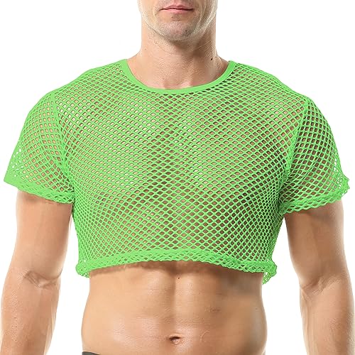 QiaTi Men's Fishnet Shirts Mesh Crop Top See Through Round Neck Short Sleeve Sexy Muscle Tee for Men
