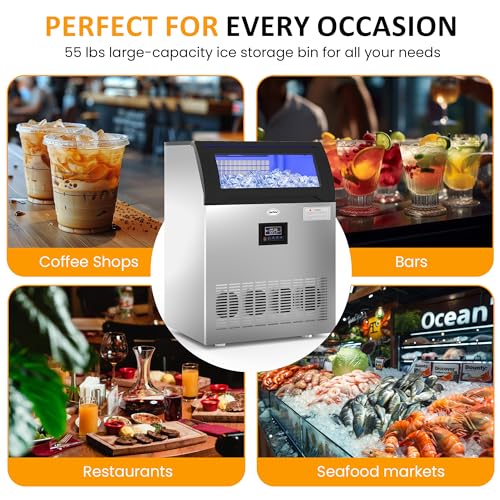 Image of Sunvivi Commercial Ice Maker Machine, 265LBS /24H, 55LBS Storage Bin, Stainless Steel Under Counter Ice Machine for Restaurants, Bars, and Home Use, Includes Water Filter, Scoop, and Hose