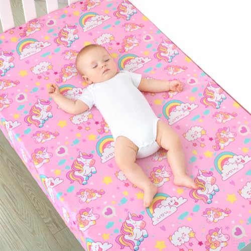 Image of JISEN 3 Piece Crib Bedding Set Soft Baby Unicorns Crib Comforter Set with Comforter, Sheet, Pillowcase - Nursery Bedding for Boys or Girls Pink
