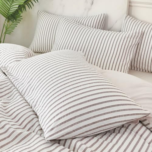 Image of Grey Striped Comforter Set King - 3 Pieces Bedding Comforter Set for All Season, Soft Lightweight Washed Microfiber, 1 Striped Comforter and 2 Pillowcases (Grey, King Size)