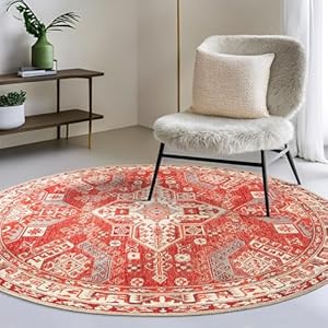 GLN Rugs Vintage Collection - Machine Washable Area Rug, Vintage Washable Rug, Non Slip Area Rug, Low Pile Living Room Rug, Bedroom Rug, Bathroom Rug - Easy Clean (5'3" Round Red and Beige Rug) GLN Rugs Vintage Collection Machine Washable Area Rug Vintage Washable Rug Non Slip Area Rug Low Pile Living Room Rug Bedroom Rug Bathroom Rug Easy Clean 53 Round Red and Beige Rug
