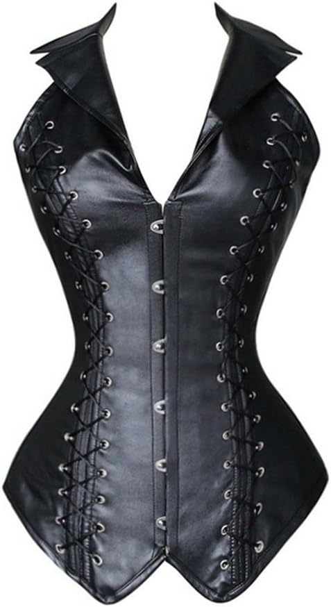 Le Beauty Corset Women's Steel Bone Steampunk Abdomen Halter Gather Leather Lace Corset with Thong Black 2XL