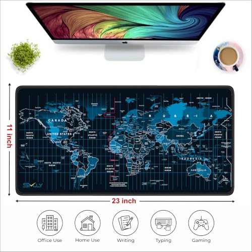 Image of World Explorer Map Mouse Pad 11x23Inch 2mm Extended Gaming Deskmat with Anti-Slip Rubber Base Mousepad for Smooth Surface Deskpad for PC & Laptop Use Waterproof, Stiched (Black /Navy Blue)Deskpad