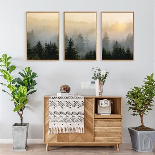 FWIEXA Misty Forest Wall Art Set Framed, Large Mountains Canvas Wall Decor, Green Nature Wall Painting, Foggy Tree Landscape Artwork 3 Panel 24x36 Inches for Living Room, Bedroom, Office, Gift - Image 4