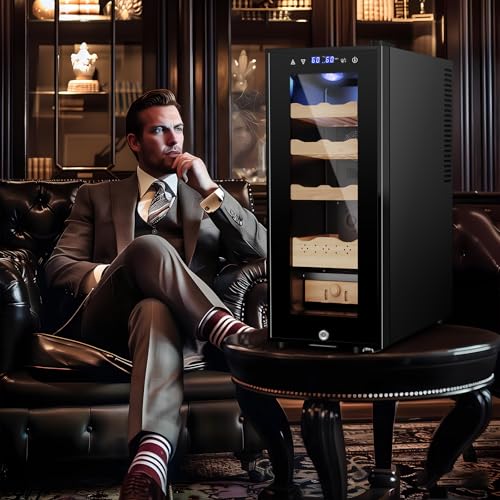 Image of 35L Electric Humidor Cabinet-200~250 Count Large Capacity Electric Humidor| Thermostatic Cooling with Spanish Cedar Wood Shelves, Digital LED Screen & Safety Lock |Gift for Men