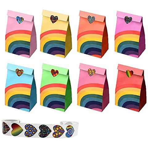 Xinyanmy 40pcs Rainbow Party Bags Favor Paper Gift Bags with 100 Heart Stickers for Chirstmas Halloween Birthday Party Thanksgiving Supplies Cover