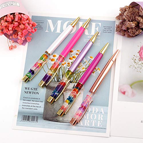 Ballpoint Pens, 5 Pieces Rose Gold/White/Purple/Rose Red/Dark Purple Metal Ball Pen refillable Refills Black Ink Herbarium Floral Pens for Office Supplies - Thumbnail 6