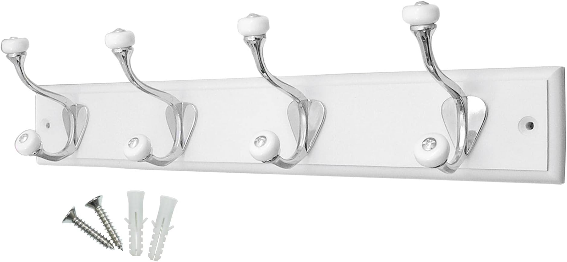 4-Hook Wall-Mounted Coat Rack, 45cm - White Board, Ceramic Tip Coat Hooks - Fixings Included