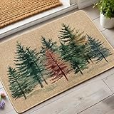 Rustic Evergreen Tree Doormat, Green Pine Trees Entrance Mat for Outdoor & Indoor Use, Seasonal Forest, Non-Slip Water-Resistant Front Mat, Easy Maintenance 29x17 Inch