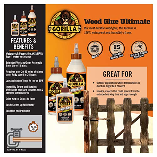 gorilla ultimate waterproof wood glue natural wood color 8 ounce pack of 1 - waterproof for indoor or outdoor projects and repairs