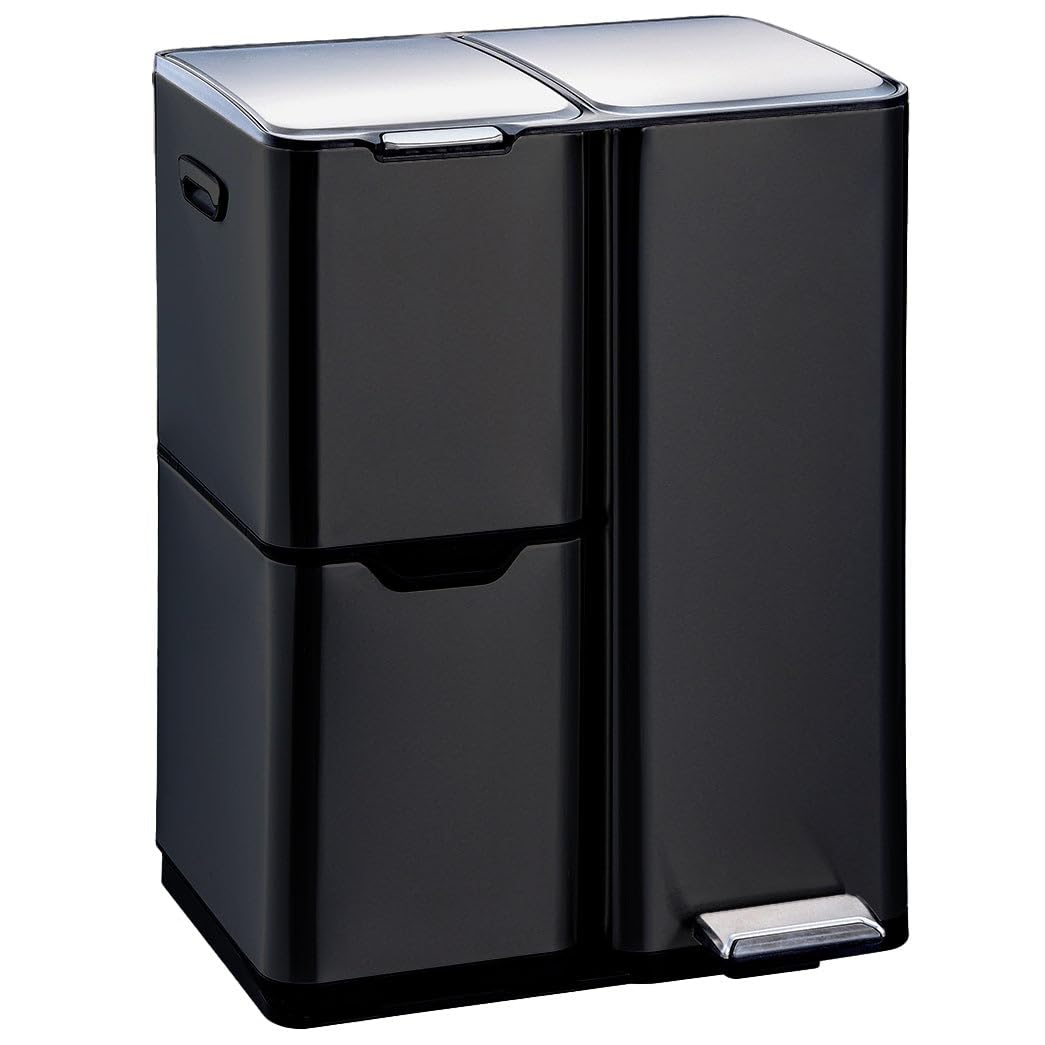 KITCHEN MOVE Poubelle de cuisine à pédale tri sélectif recyclage 60L(13+​17+​30L) HAJA en acier Inox Noir avec seau