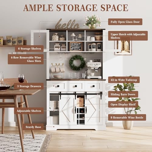 72" Farmhouse Bar Cabinet with Sliding Barn Door, Tall Kitchen Buffet with Storage Hutch and 3 Drawer, Rustic Coffee Wine Bar Sideboard with Wine & Glasses Rack, for Living Room, Pure White