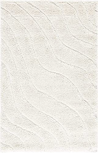 Image of Abstract Wavy Design Shaggy Rectangular Carpet For Living Room,Bedroom,High Low Design Finish Microfiber 1.8 Inch Pile High,8X10 Feet Cream|Cream Color