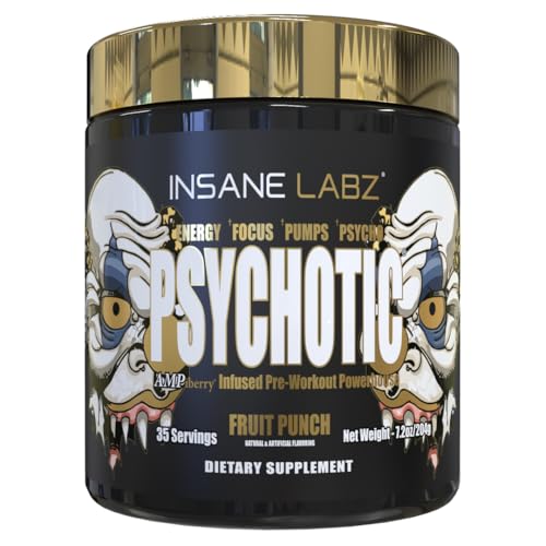 Insane Labz Psychotic Gold, High Stimulant Pre Workout Powder, Extreme Lasting Energy Focus, Pumps and Endurance with Beta Alanine, DMAE Bitartrate, NO Booster (35 Servings, Fruit Punch)