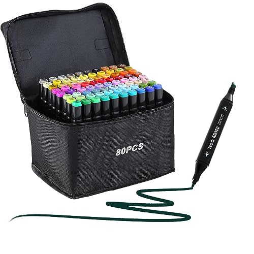 Tongfushop 80+2 Couleurs Feutre A Alcool Set, Feutres Coloriage Adulte, 2S Séchage Rapide Marqueur Alcool Avec Pochette De Transport Et Espaceur Pour Peinture, Griffonnages, Animation