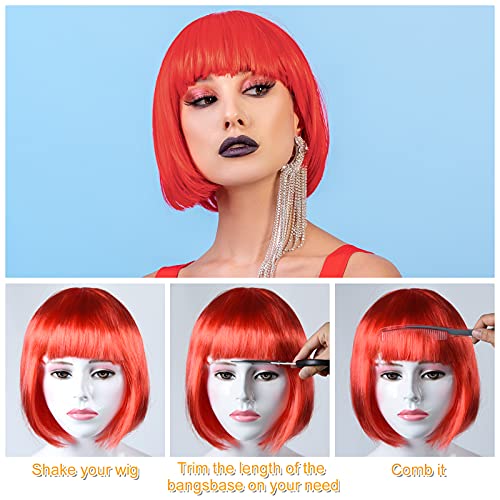Image of PLULON Red Short Bob Wig and Sunglass Set, Neon Short Bob Wig Sunglass Pack Costume Colorful Cosplay Wig Hairpieces for Bachelorette Neon Party Favors, Halloween Decorations