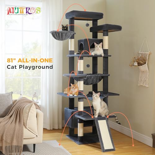 Image of MUTTROS 81 inch Heavy Duty Cat Tree for Large Cats up to 20lbs - Extra Tall Cat Tower with Metal Frame Hammock, 6 Sisal Scratching Posts, 2 Perches - Indoor Cat Furniture for Maine Coon, Dark Gray
