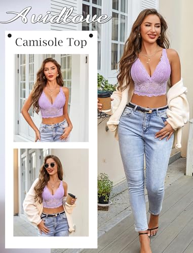 Image of Avidlove Bralettes for Women Lace Wireless Bra V Neck Racerback Crop Top Adjustable Lingerie No Padded