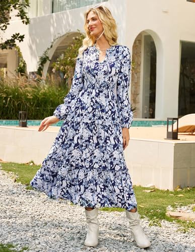 Image of GRACE KARIN Women's Floral Maxi Dress 2026 Fall Long Sleeve V Neck Empire Waist A Line Flowy Dress with Pocket