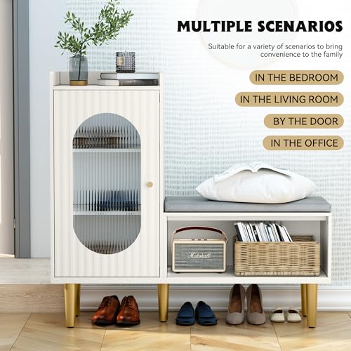 Image of HLR Storage Bench Set of 2, White Modern Entryway Shoe Cabinet Bench with Glass Door&Shelf, L-Shaped Storage Cabinet with Padded Seat for Hallway, Bedroom, Living Room, Office