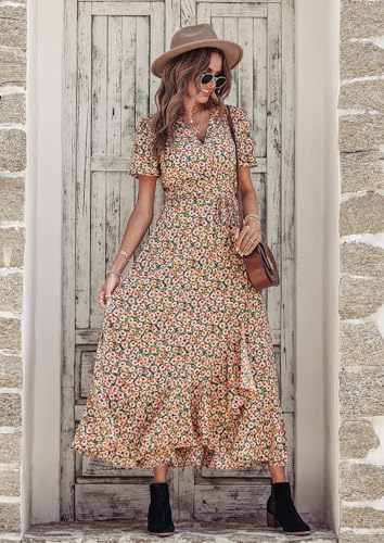PRETTYGARDEN Women's Summer Maxi Dress Casual Wrap Floral Boho Short Sleeve V Neck Split Ruffle Beach Long Dresses