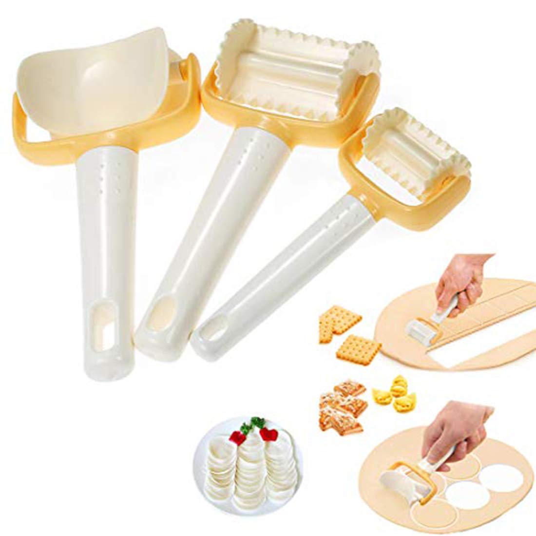 Nobrand Rolling Dough Cutters, Circle Square Dough Stamp, 3pcs Set, White and Yellow, Plastic, Dishwasher Safe
