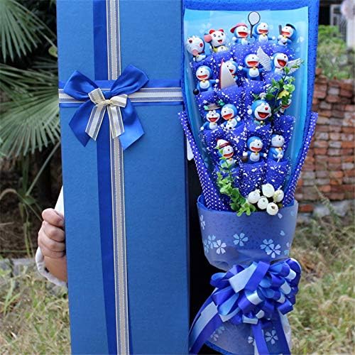 Mini PVC Doraemon of Flowers Bouquet, Plush Fake Roses Artificial Silk Flower Gift Bouquets, Bridal Valentines Day Toys (Blue)