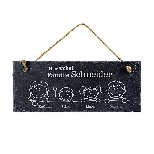 Casa Vivente Schiefertafel mit Gravur, Hier wohnt, Personalisiert mit Namen der Familie, Türschild mit Juteband für die Haustür