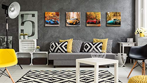 DJSYLIFE Car Posters Boys Room Decor Wall Art Giclee Canvas Prints Autumn Landscape Red Sport Car Pictures Modern Artwork for Bedroom Home Decorations Painting 12x12 inchesx4 Framed Ready to Hang