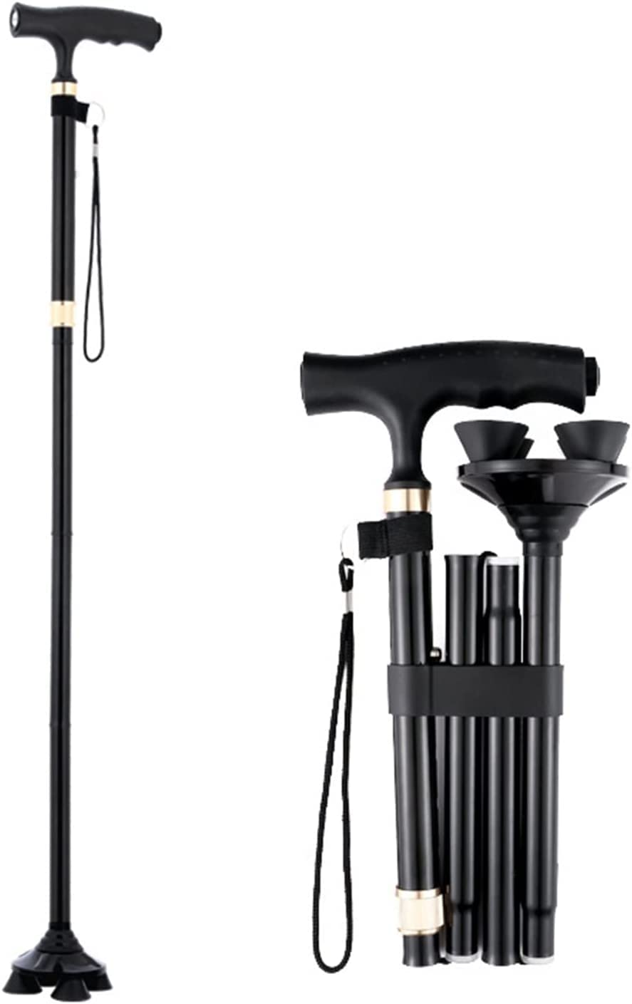 Muletas plegables para adultos con luces LED, bastones ajustables, parte inferior antideslizante, bastones para personas mayores, salir o viajar, color negro