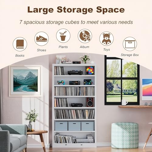 Image of 55 inch Media Storage Cabinet, Metal CD Storage Rack with 6 Adjustable Shelves, 7-Tier Large Stereo Cabinet for Living Room, Home Entertainment (White)