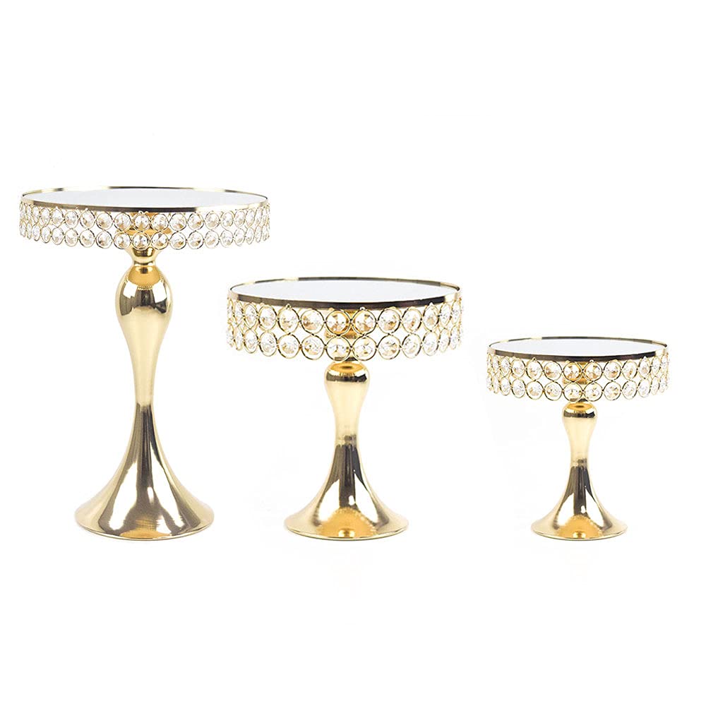 3PCS Cake Stand Set, Metal Round Cupcake Dessert Stand Cake Display Stand Holder Gold Cookie Snack Candy Serving Plate with Crystal Decor for Wedding Party Birthday