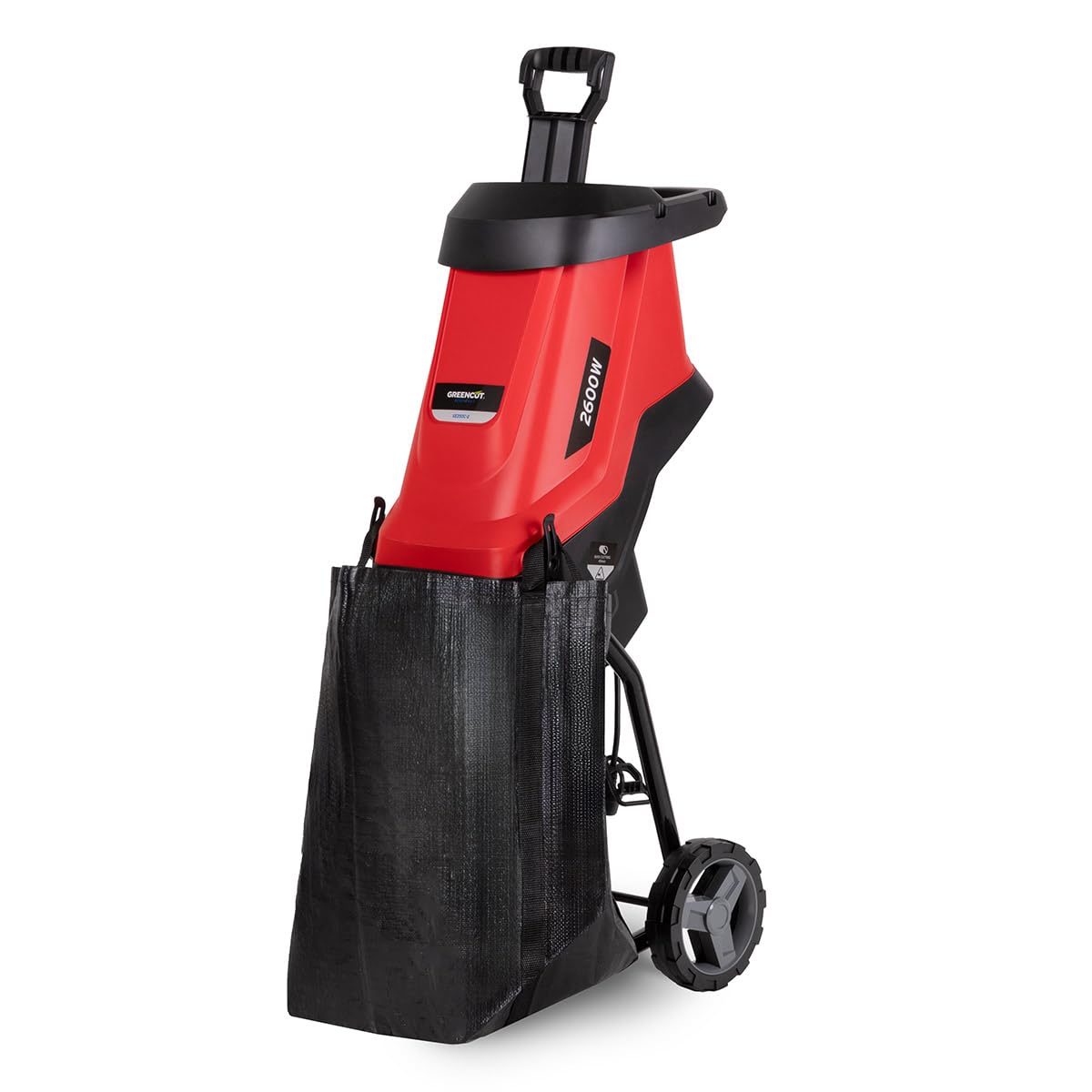 GREENCUT GE250C-2 - Biotrituradora eléctrica, Potencia 2600W, Capacidad de Corte 45mm, tolva de Gran tamaño, 2 Bolsas de Recogida de 45l, Ruedas y asa para Transporte, Rojo