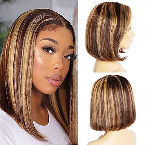 Highlight Bob Wig Human Hair Brazilian Ombre Lace Front Wig 13x6x1 T Part Lace Front 12Inch Ombre Human Hair Wig P4/27 Middle Part Human Hair Wig Short Bob Human Hair Wig for Black Women
