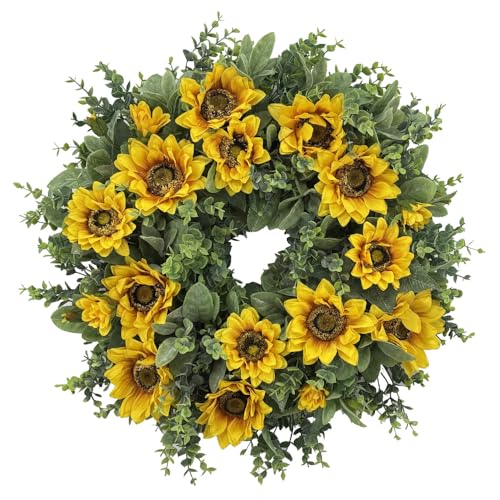 20 Inch Sunflower Wreath for Front Door, Artificial Spring Wreath with Yellow Flowers Green Leaves for All Seasons Indoor Outdoor Home Wall Farmhouse Holiday Decor