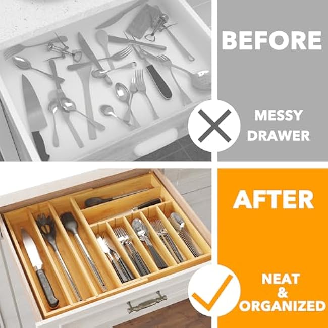 SpaceAid 2.5 High Bamboo Silverware Drawer Organizer with Labels, Kitchen Utensil Expandable Tray Holder for Flatware, Cutlery, Spoon and Knives Drawer Storage Organization (Natural)