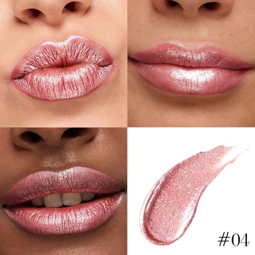 Image of Rose Gold Metallic Lip Liner and Lipstick Combo Lip Gloss Tints Stain Set Makeup for Women Long Lasting Waterproof 24, Light Pink Metallic Glitter Shimmer Iridescent Liquid Lipstick lippies Lip Gloss